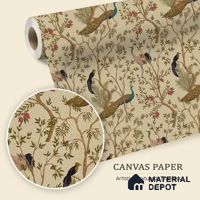 Chinoiserie Theme Wallpaper with Peacock, Khaki 10 Meter x 19.68 Inches Canvas Wallpaper - 54 Sq. Ft. | Minimum 15% wastage during installation