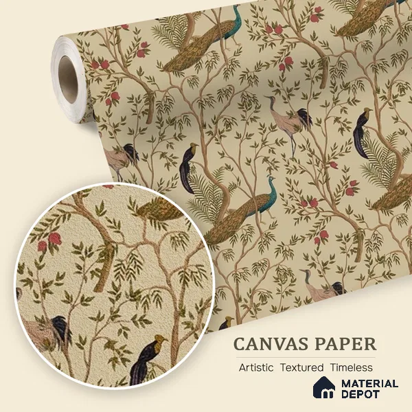 Chinoiserie Theme Wallpaper with Peacock, Khaki 10 Meter x 19.68 Inches Canvas Wallpaper - 54 Sq. Ft. | Minimum 15% wastage during installation
