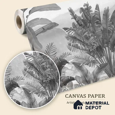 Vintage Theme Tropical Foliage, Black & White Canvas (Customised Wallpaper)