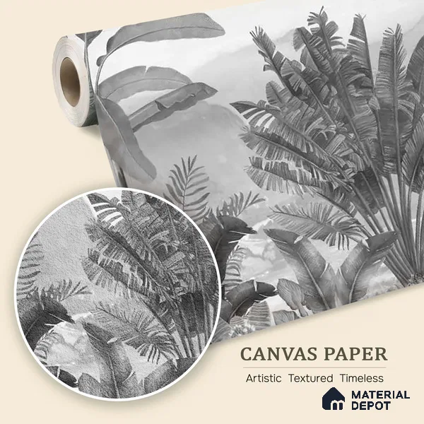 Vintage Theme Tropical Foliage, Black & White Canvas (Customised Wallpaper)