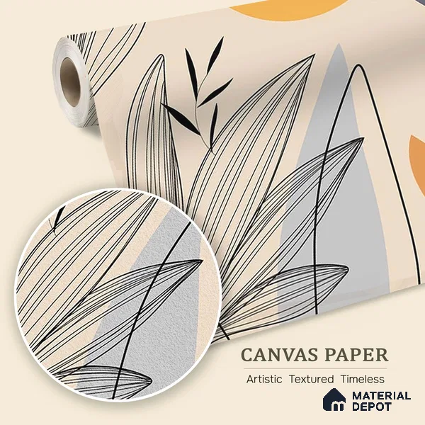 WP 03686 B | Sunrise Abstract Floral Line Art | Black & White Leaf Line Art Botanical Look Wallpaper Canvas (Customised Size)