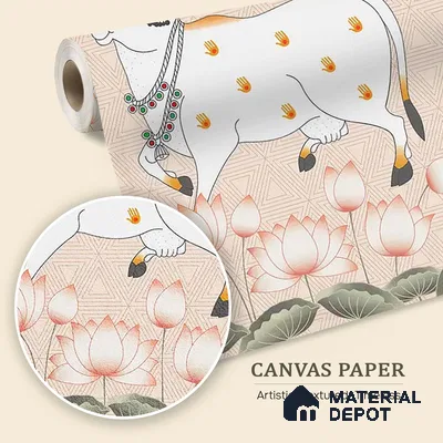 Cow and Lotuses, Pichwai Cream Color Canvas (Customised Wallpaper)