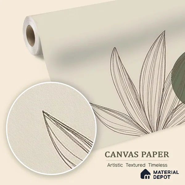 Green and Beige Leaves Line Art Customized Floral Wallpaper - Canvas