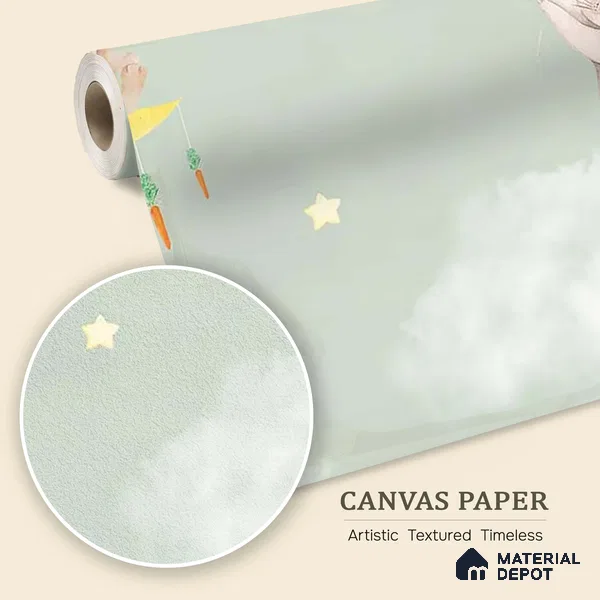 Bunnies in Sky Kids Room Wallpaper Pastel Green Canvas (Customized Size Wallpaper)
