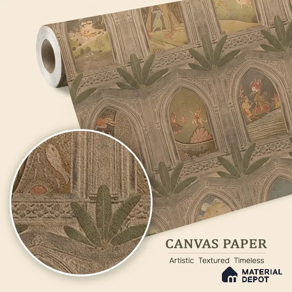 WP 03912 | Ramayan- Luxury | Warm Beige Palace Arch Gallery Traditional Look Wallpaper Canvas (Customised Size)
