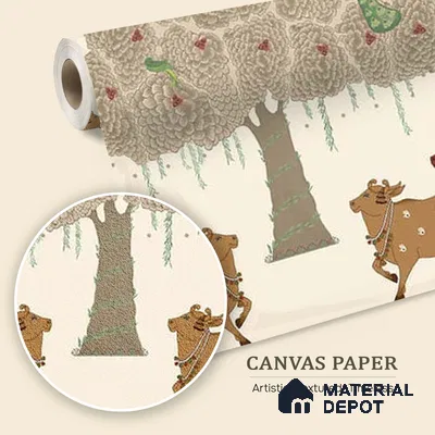 WP 03915 | Sacred Grove Pichwai Pooja and | Cream Tree Deer Mural Scenic Look Wallpaper Canvas (Customised Size)