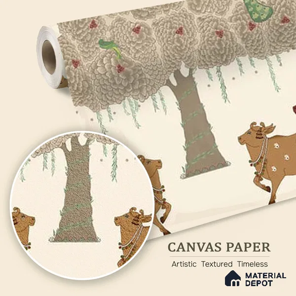 WP 03915 | Sacred Grove Pichwai Pooja and | Cream Tree Deer Mural Scenic Look Wallpaper Canvas (Customised Size)