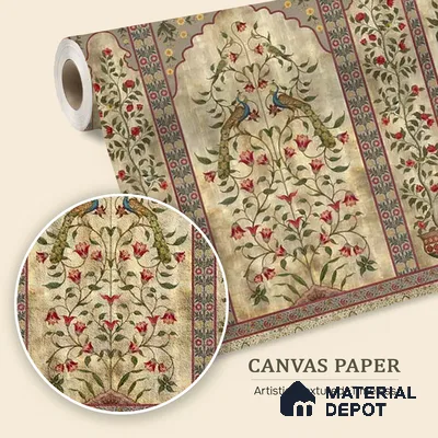 Madhuban Indian Floral Jharoka Canvas Wallpaper in Suneherii Collection Golden (Customized Size Wallpaper)