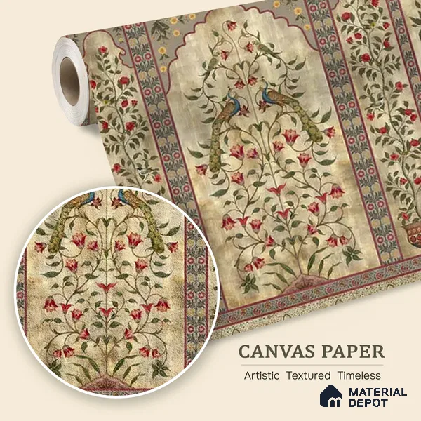 Madhuban Indian Floral Jharoka Canvas Wallpaper in Suneherii Collection Golden (Customized Size Wallpaper)