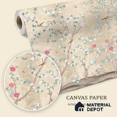 Sunset Serenade, Beige & Teal Chinoiserie Canvas Wallpaper Design