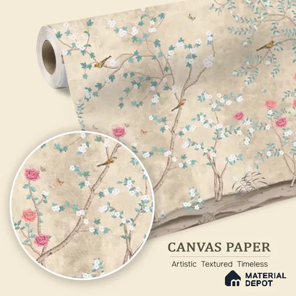 Sunset Serenade, Beige & Teal Chinoiserie Canvas Wallpaper Design