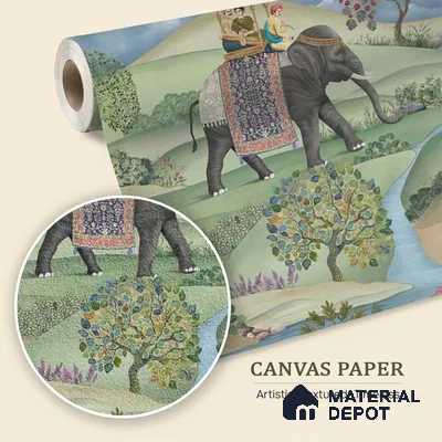 WP 04255 | Shaan | Sage Green Elephant Procession Traditional Look Wallpaper Canvas (Customised Size)