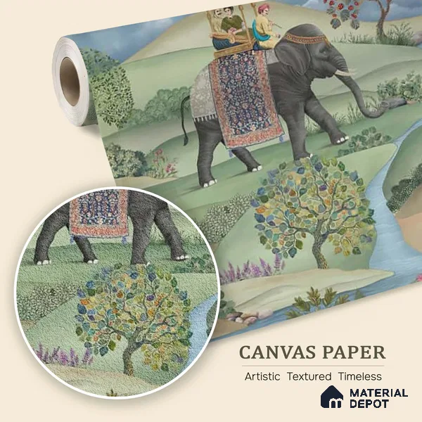 WP 04255 | Shaan | Sage Green Elephant Procession Traditional Look Wallpaper Canvas (Customised Size)