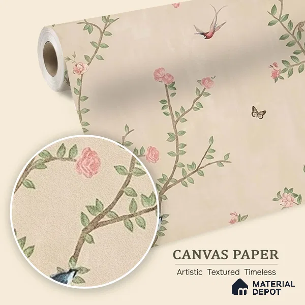 Bagiya, Peacock Chinoiserie in Indian Style, Clay Beige, Customised Canvas Wallpaper