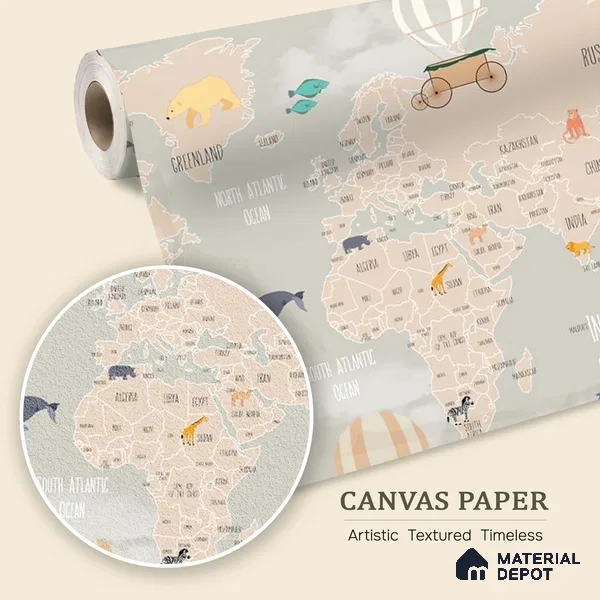 Pastel Kids Bedroom Customised Canvas Wallpaper of World Map
