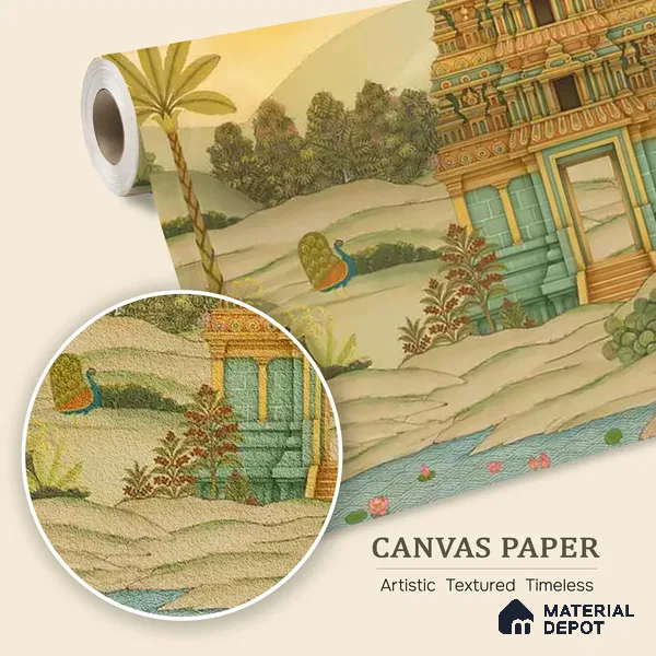 Gopuram Vatika Canvas Wallpaper in South Indian Style, Customised