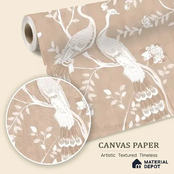 Morni, Peacock Chinoiserie Canvas Wallpaper, Clay Beige Customised Wallpaper