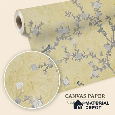 Yellow Aura in the Garden, Luxury Chinoiserie Wallcovering Sukoon Series Canvas Chinoserie Design (Customised Size Wallpaper)