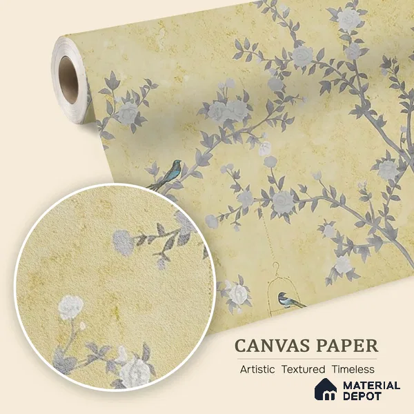 Yellow Aura in the Garden, Luxury Chinoiserie Wallcovering Sukoon Series Canvas Chinoserie Design (Customised Size Wallpaper)