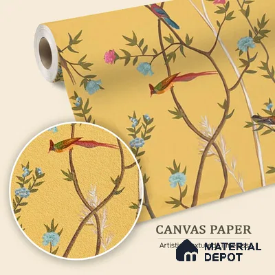 700212 - Yellow Chinoiserie Wallpaper with Flowers and Birds, Customised Sparkla N Shine Series Canvas Chinoserie Design (Customised Size Wallpaper)