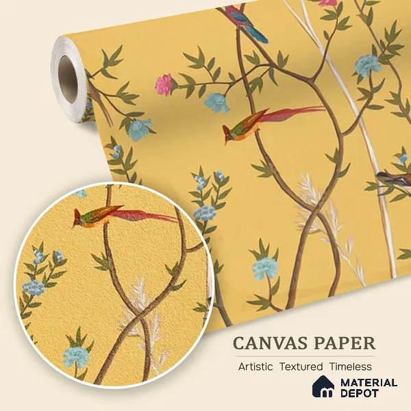 700212 - Yellow Chinoiserie Wallpaper with Flowers and Birds, Customised Sparkla N Shine Series Canvas Chinoserie Design (Customised Size Wallpaper)