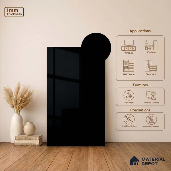 LM 23484 (HG 405) Deep Black 8 ft x 4 ft High Gloss Finish Decorative Laminate - 1 mm | Suitable for Living Room, Kitchen, Office