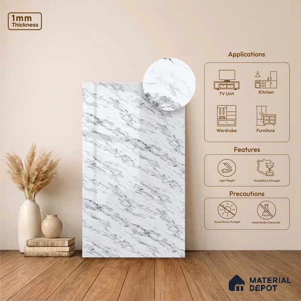LM 23500 Calacatta Cloud 8 ft x 4 ft High Gloss Finish Decorative Laminate - 1 mm | Suitable for TV Unit, Wardrobe, Kitchen Cabinets