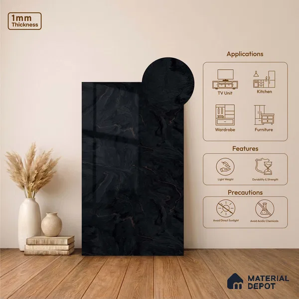 LM 23505 Jet Black Marble 8 ft x 4 ft High Gloss Finish Decorative Laminate - 1 mm | Suitable for TV Unit, Wardrobe, Kitchen Cabinets