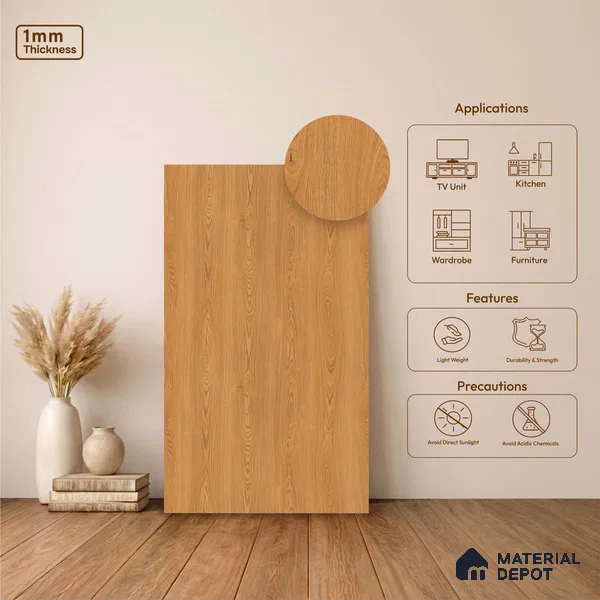 Wooden Look LM 23536 Butterscotch Oak 8 ft x 4 ft Veneer Textured Finish Decorative Laminate - 1 mm | Suitable for TV Unit, Wardrobe, Kitchen Cabinets