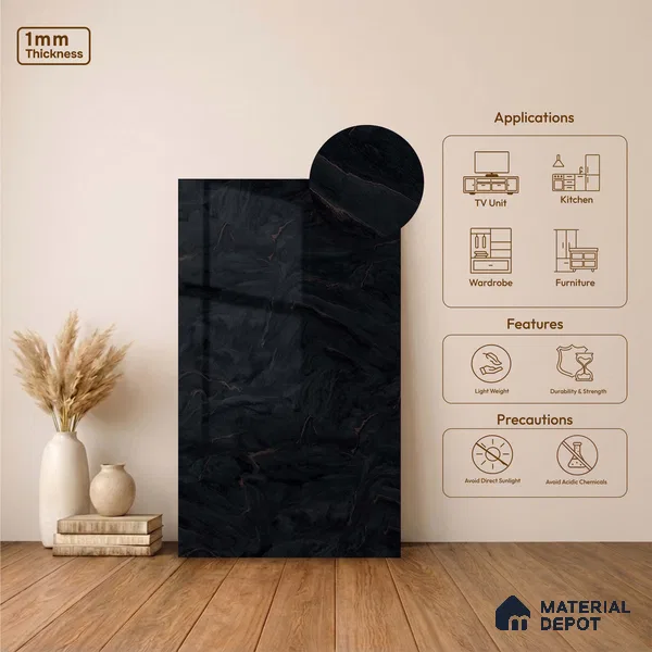 LM 23546 (SPU 7282) Jet Black Marble 8 ft x 4 ft Silky PU Finish Decorative Laminate - 1 mm | Suitable for TV Unit, Wardrobe, Kitchen Cabinets