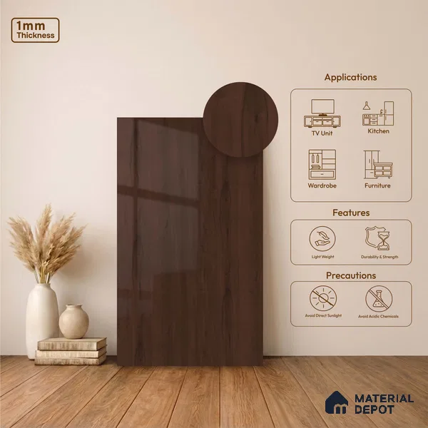 Wooden Look LM 23562 (HG 7126) Midnight Mahogany 8 ft x 4 ft High Gloss Finish Decorative Laminate - 1 mm | Suitable for TV Unit, Wardrobe, Kitchen Cabinets