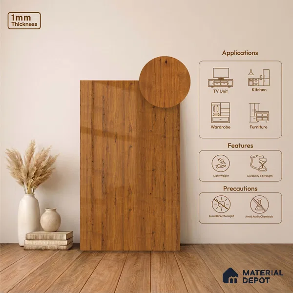 Wooden Look LM 23566 (HG 7116) SunDappled Oak 8 ft x 4 ft High Gloss Finish Decorative Laminate - 1 mm | Suitable for TV Unit, Wardrobe, Kitchen Cabinets