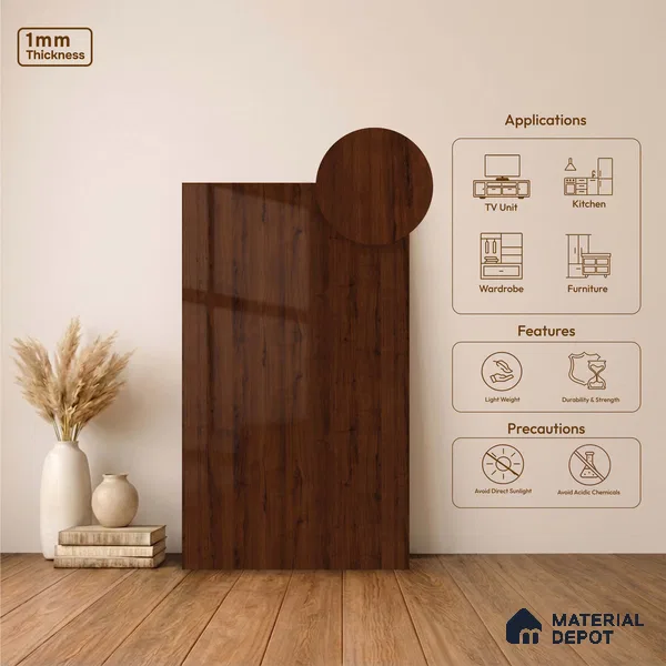 Wooden Look LM 23567 (HG 7117) Cacao Bean 8 ft x 4 ft High Gloss Finish Decorative Laminate - 1 mm | Suitable for TV Unit, Wardrobe, Kitchen Cabinets