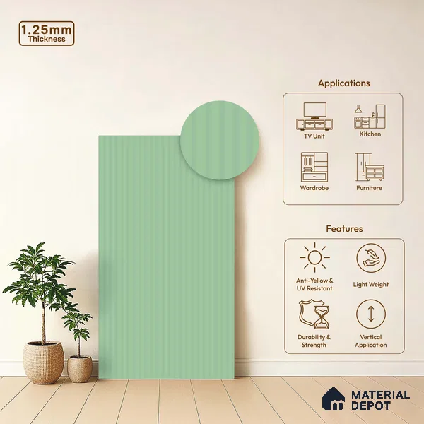 Mint Green Fluted Solid Color LM 18332 8 ft x 4 ft Texture Finish Decorative Laminate - 1.25 mm | Suitable for TV Unit,Wardrobe, Kitchen Cabinets