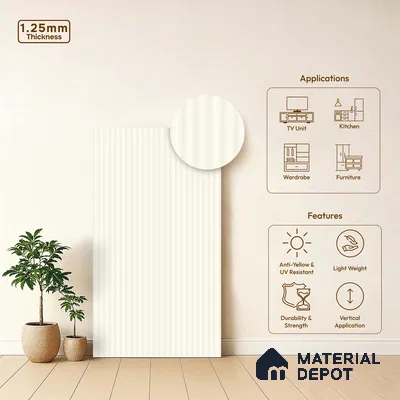 Soft Cream White Fluted Solid Color LM 18333 8 ft x 4 ft Texture Finish Decorative Laminate - 1.25 mm | Suitable for TV Unit,Wardrobe, Kitchen Cabinets