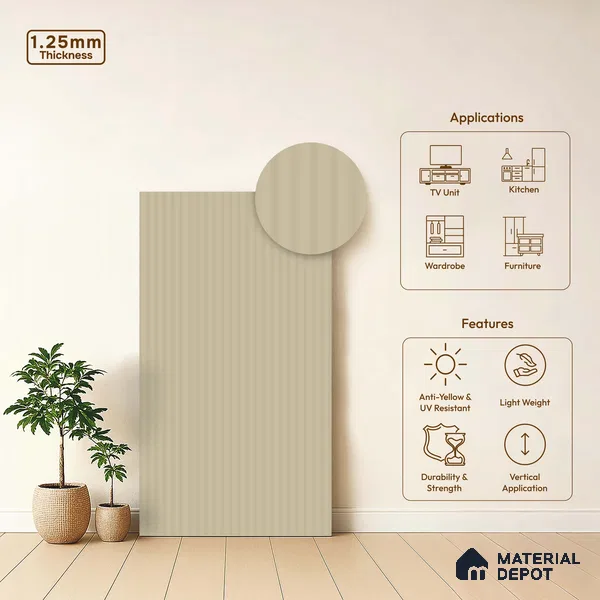 Light Beige Fluted Solid Color LM 18334 8 ft x 4 ft Texture Finish Decorative Laminate - 1.25 mm | Suitable for TV Unit,Wardrobe, Kitchen Cabinets