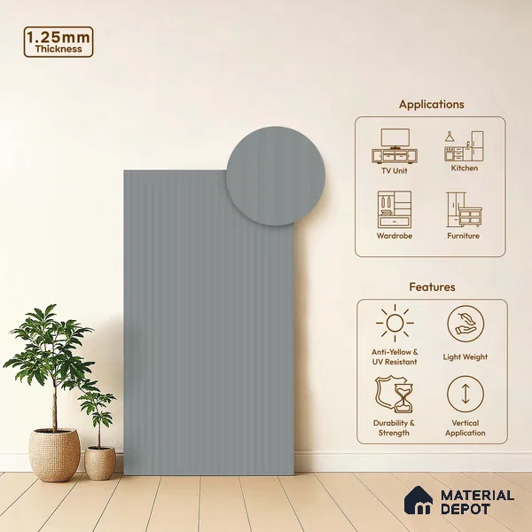 Nimbus Grey Fluted Solid Color LM 18335 8 ft x 4 ft Texture Finish Decorative Laminate - 1.25 mm | Suitable for TV Unit,Wardrobe, Kitchen Cabinets