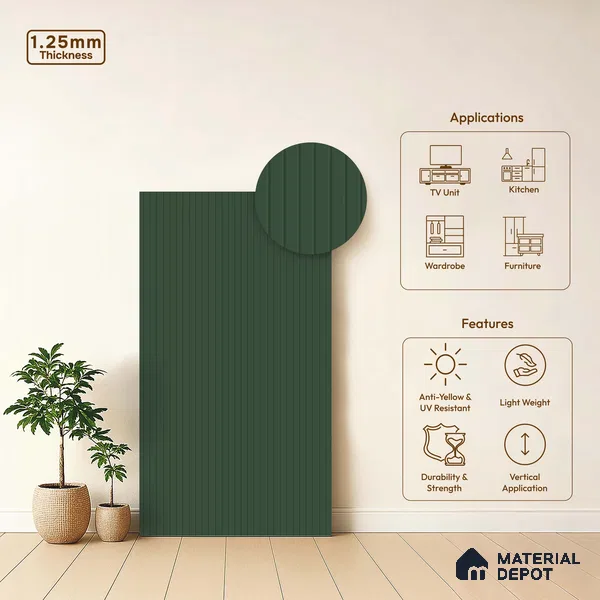 Deep Forest Green Fluted Solid Color LM 18350 8 ft x 4 ft Texture Finish Decorative Laminate - 1.25 mm | Suitable for TV Unit,Wardrobe, Kitchen Cabinets
