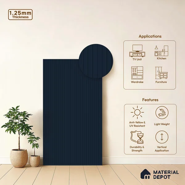Dark Denim Blue Fluted Solid Color LM 18354 8 ft x 4 ft Texture Finish Decorative Laminate - 1.25 mm | Suitable for TV Unit,Wardrobe, Kitchen Cabinets