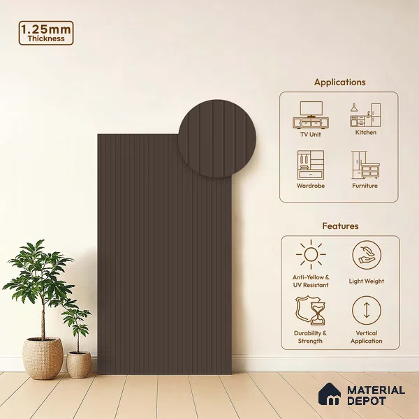 Chocolate Brown Fluted Solid Color LM 18356 8 ft x 4 ft Texture Finish Decorative Laminate - 1.25 mm | Suitable for TV Unit,Wardrobe, Kitchen Cabinets