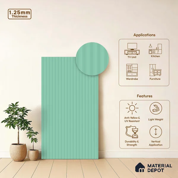 Mint Green Fluted Solid Color LM 18371 8 ft x 4 ft Texture Finish Decorative Laminate - 1.25 mm | Suitable for TV Unit,Wardrobe, Kitchen Cabinets