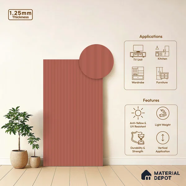 Brick Red Fluted Solid Color LM 18372 8 ft x 4 ft Texture Finish Decorative Laminate - 1.25 mm | Suitable for TV Unit,Wardrobe, Kitchen Cabinets