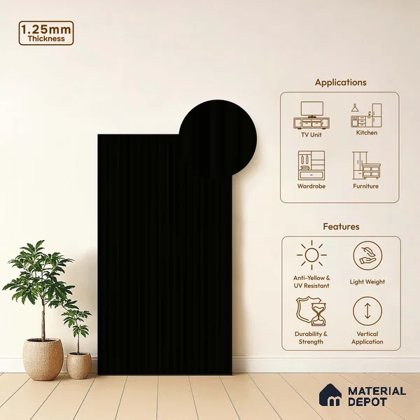 Charcoal Black Fluted Solid Color LM 18373 8 ft x 4 ft Texture Finish Decorative Laminate - 1.25 mm | Suitable for TV Unit,Wardrobe, Kitchen Cabinets