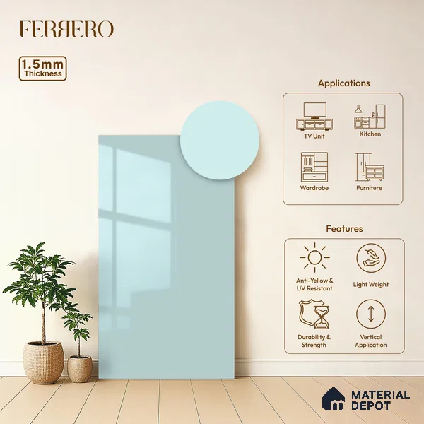 Powder Blue Solid Color Acrylic Laminate LM 24627 8 ft x 4 ft High Gloss Finish - 1.5 mm | Matching Edgeband code - EB 02093 | Suitable for Living Room, Kitchen, Office