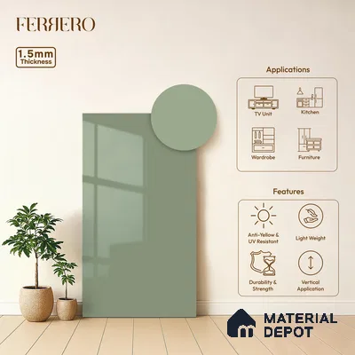 Sage Green Solid Color Acrylic Laminate LM 24628 8 ft x 4 ft High Gloss Finish - 1.5 mm | Matching Edgeband code - EB 02094 | Suitable for Living Room, Kitchen, Office
