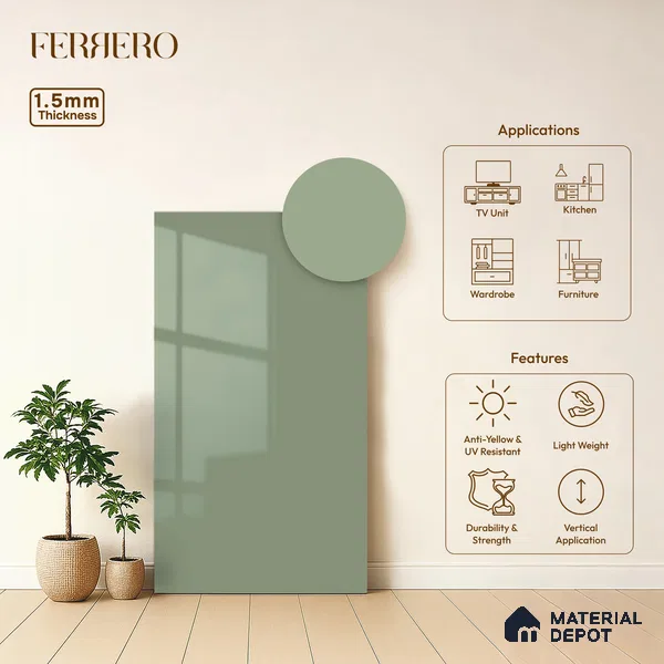 Sage Green Solid Color Acrylic Laminate LM 24628 8 ft x 4 ft High Gloss Finish - 1.5 mm | Matching Edgeband code - EB 02094 | Suitable for Living Room, Kitchen, Office