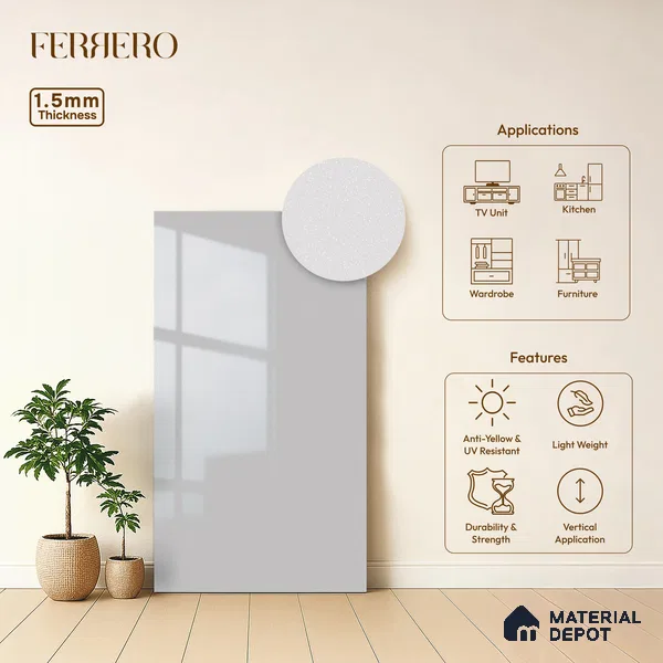 Pure White Solid Color Acrylic Laminate LM 24629 8 ft x 4 ft High Gloss Finish - 1.5 mm | Matching Edgeband code - EB 02112 | Suitable for Living Room, Kitchen, Office