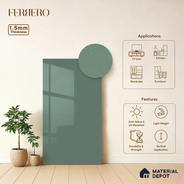 Muted Sage Green Solid Color Acrylic Laminate LM 24630 8 ft x 4 ft High Gloss Finish - 1.5 mm | Matching Edgeband code - EB 02113 | Suitable for Living Room, Kitchen, Office