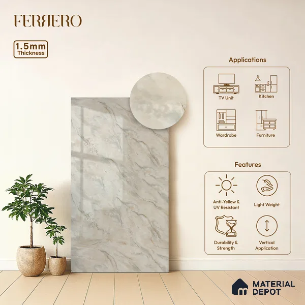 Cream Marble Acrylic Laminate LM 24631 8 ft x 4 ft High Gloss Finish - 1.5 mm | Suitable for TV Unit, Wardrobe, Cabinets