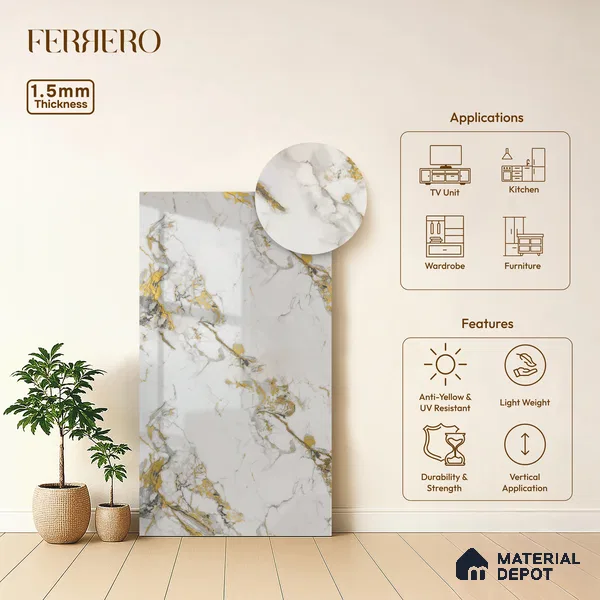 Cream Marble Acrylic Laminate LM 24632 8 ft x 4 ft High Gloss Finish - 1.5 mm | Suitable for TV Unit, Wardrobe, Cabinets